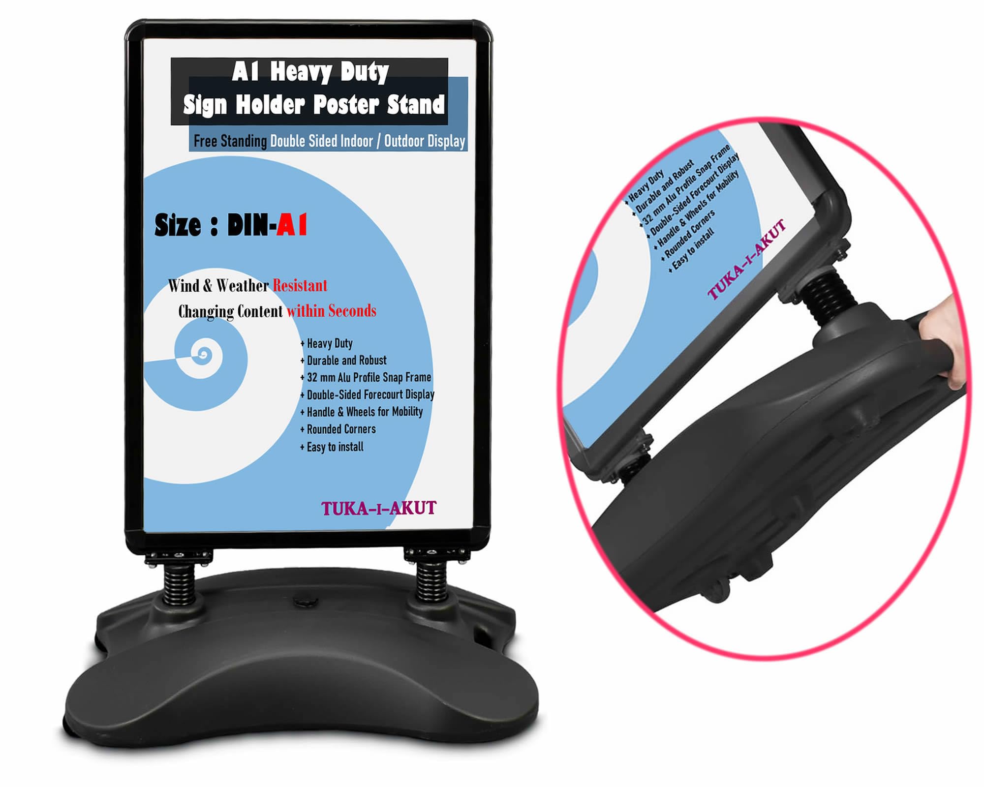 TUKA-i-AKUT A1 Supporto per Poster Bifacciale, Base Resistente con Ruote e Serbatoio, Alluminio Telaio, Cavalletto Espositore Pubblicitario per Una Posizione Sicura Interni ed Esterni, TKD8425 Nero