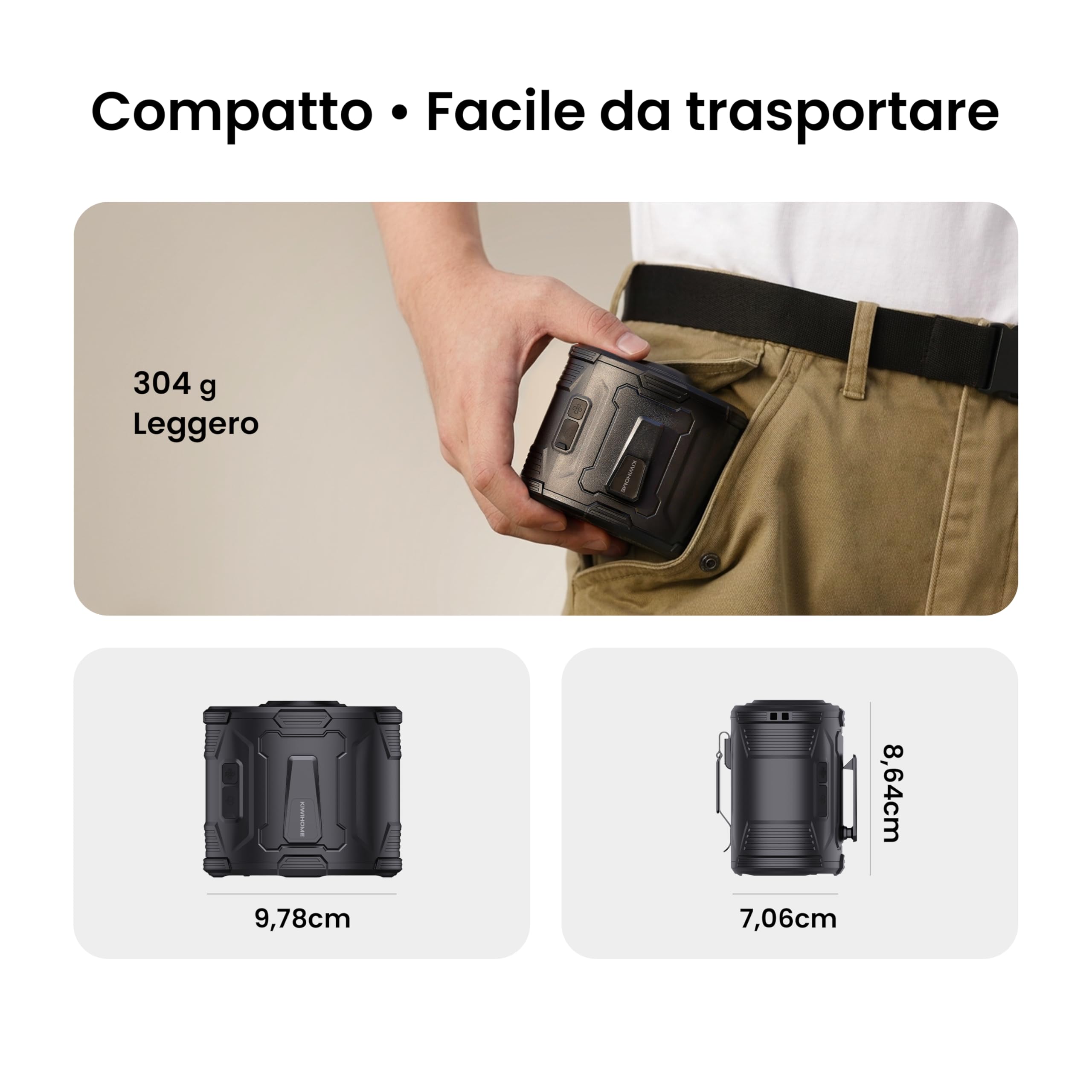 KIWIHOME Ventilatore da Cintura Portatile, Flusso d'Aria Ruotabile a 360° e Regolazione 10°, Ventilatore a Clip con Interruttore Fisico, 4-in-1 per Lavoro all'Aperto, Camping, Viaggi, Estate