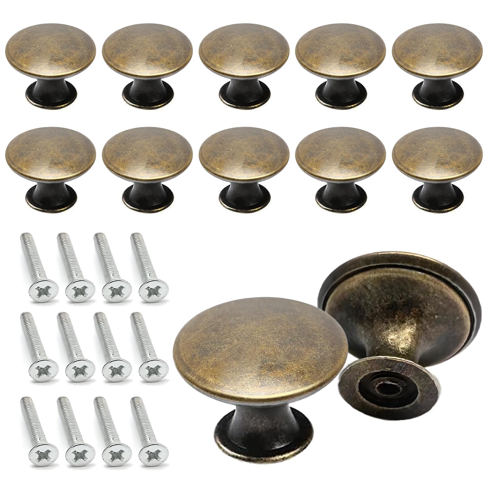 Honqx Bronze Brass Drawer Knobs 30Mm, 12 Pcs Antique Brass Cupboard Door Knobs Vintage Cabinet Knob Wardrobe Door Handles For Cupboards & Draws