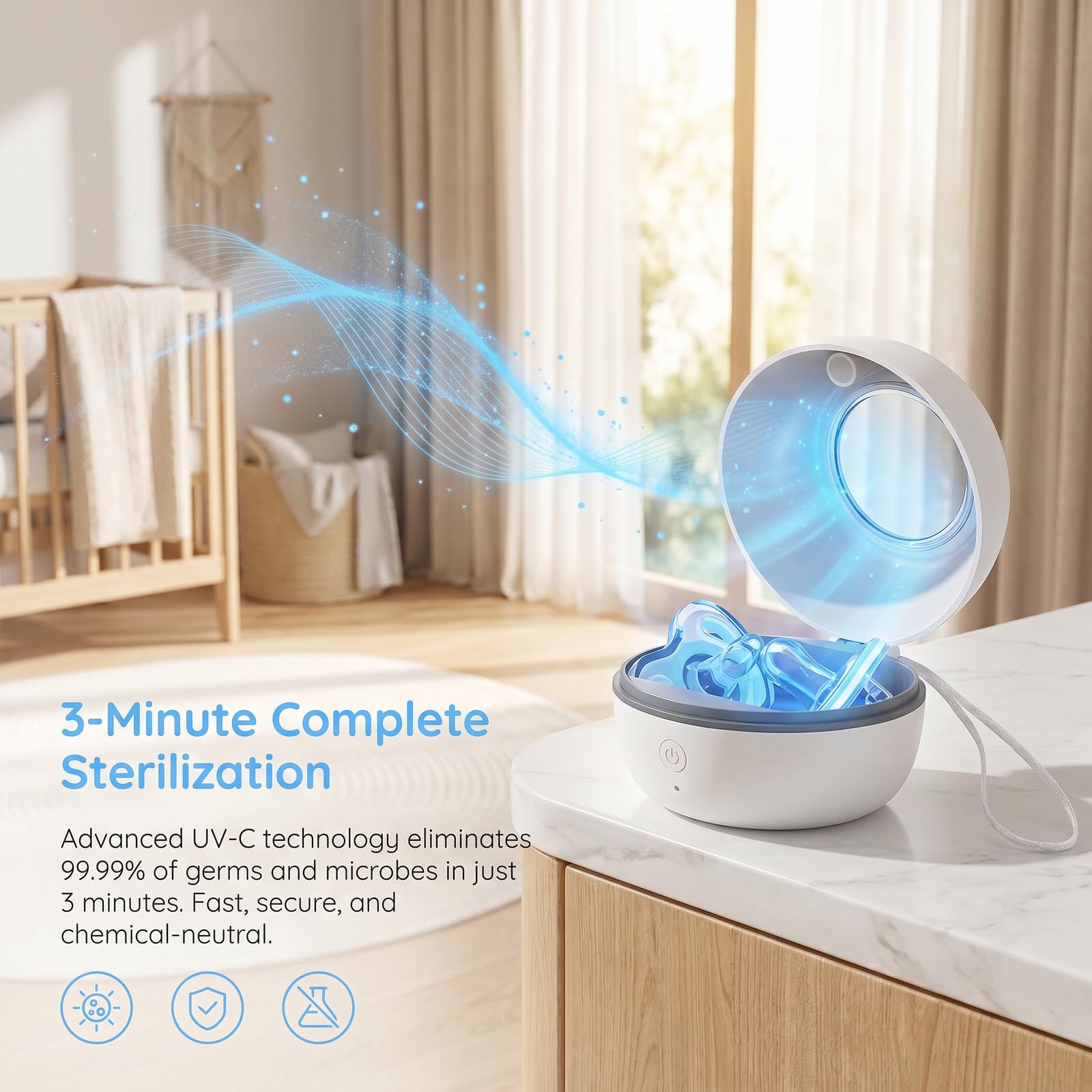 Joyan Esterilizador UV para Chupetes, Esterilizador UV Portátil, Esterilización al 99,99% en 3 Minutos, Recargable USB-C, 270 Minutos de Autonomía, Esterilizadors de Chupetes para Bebé