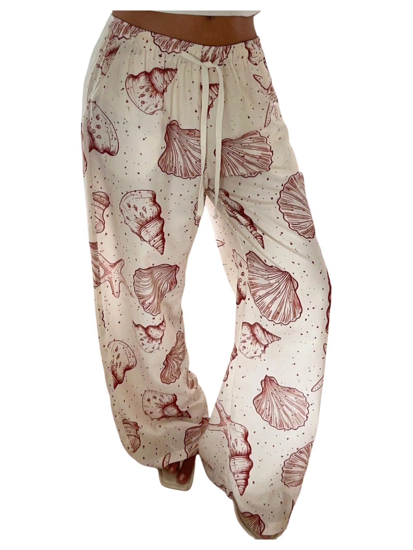 MakeMeChic Womens Pants Seashell Print Wide Leg Low Waist Tie Front Drawstring Trousers