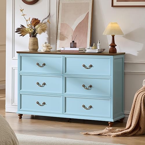 Miniatura 17 de Mesita de noche de estilo granja con estación de carga, mesa auxiliar de 61 cm de ancho con 2 cajones, cómoda azul para dormitorio, cómoda