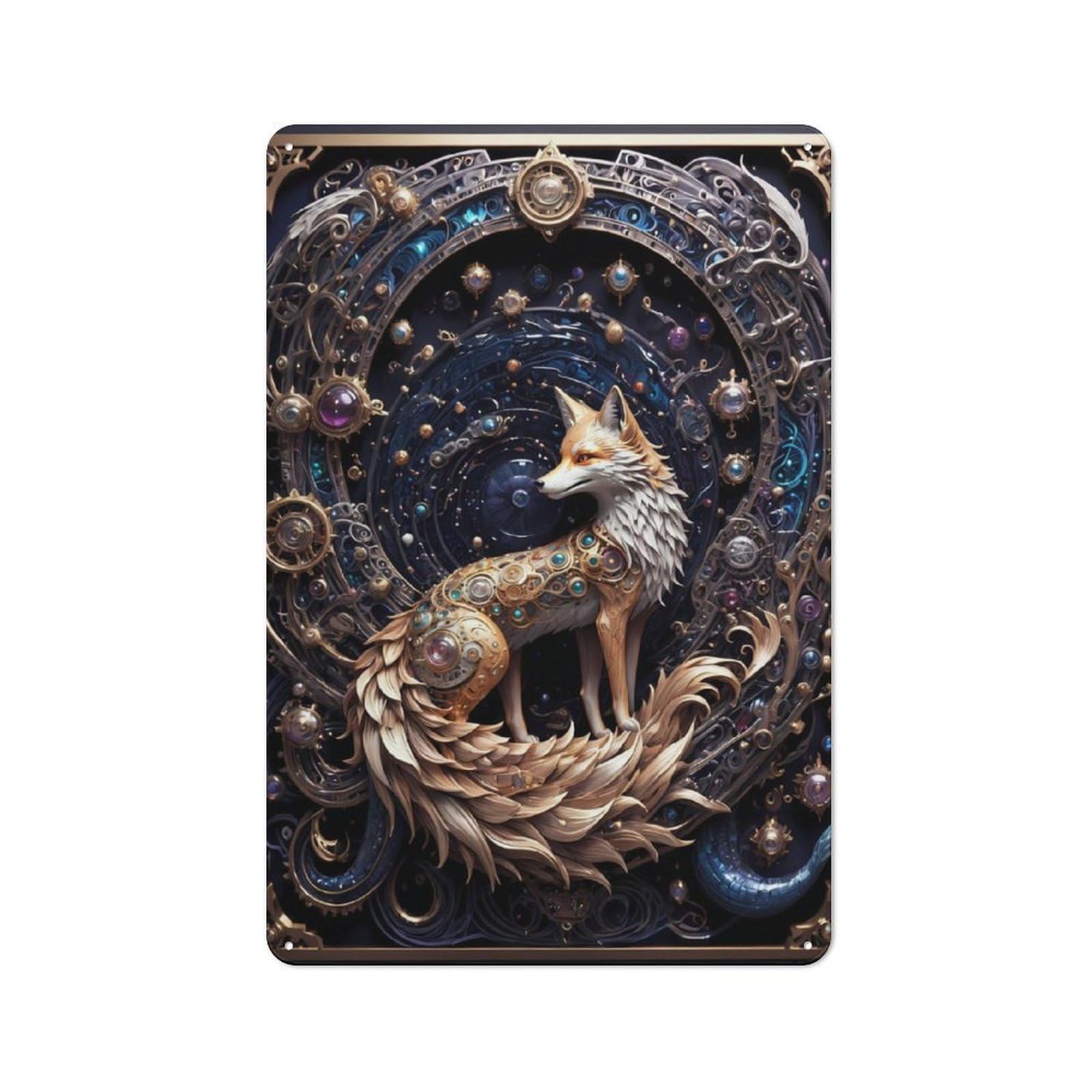 Junmoney Golden Red Steampunk Fox Tin Wall Plaque 30X20cm With For Home Office Or Studio, A New Home Present For Creative Workspace Decorators