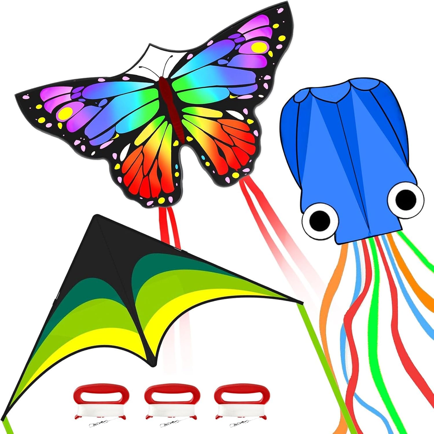 Kaiciuss Kite Set for Kids & Adults: 3 Easy-Fly Beach Kites (Butterfly, Delta, Octopus) with 328ft String, Beginner Outdoor Fun