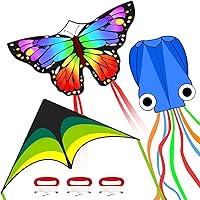Kaiciuss Kite Set for Kids & Adults: 3 Easy-Fly Beach Kites (Butterfly, Delta, Octopus) with 328ft String, Beginner Outdoor Fun