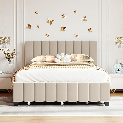 Miniatura 176 de Base de cama LED tapizada tamaño Queen, plataforma flotante de terciopelo con cabecero, MDF moderna y cama de madera contrachapada (beige-081)