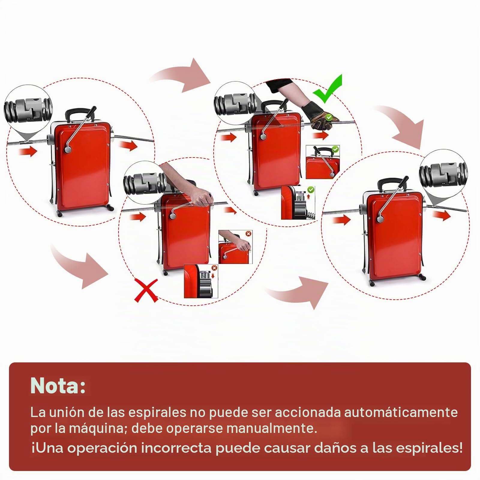 Desatascador de desagües eléctrico de 390 W y 450 rpm con diferencial (RCD) para tuberías de Ø20-100 mm, espirales de Ø8 mm (10 m), Ø16 mm (14,5 m), dispositivo de desatasco.