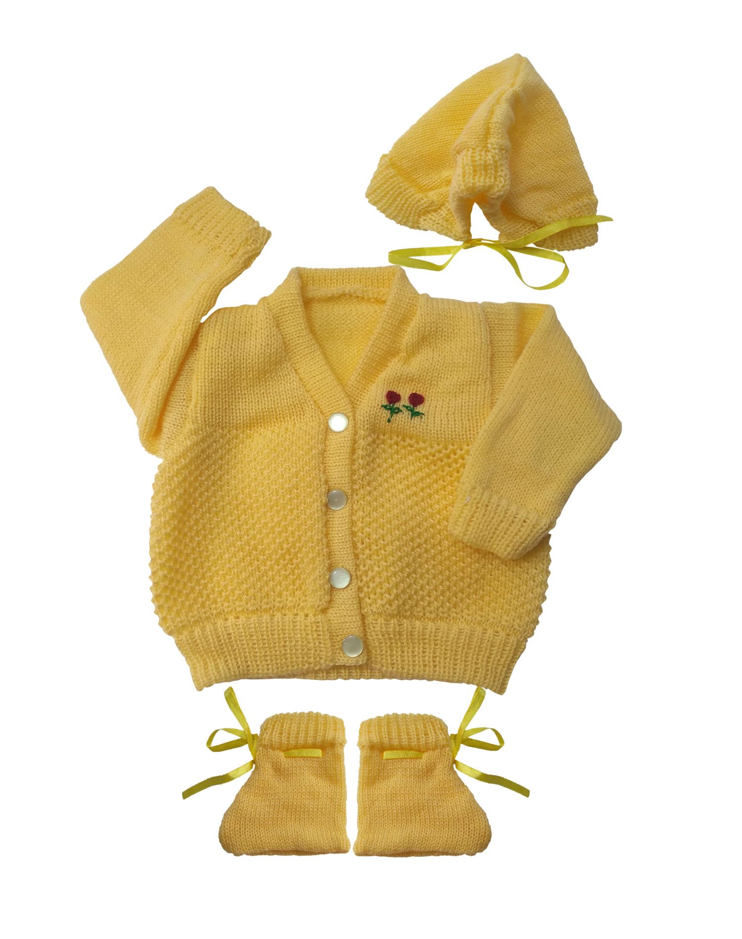 KIDSKAKIDSKA Kids Wool V Neck Sweater with Cap and Pair of Booties Infants Woollen Set/Babies Woolen Sweater(Yellow, 2 to 6 Months) 3 Pcs Set
