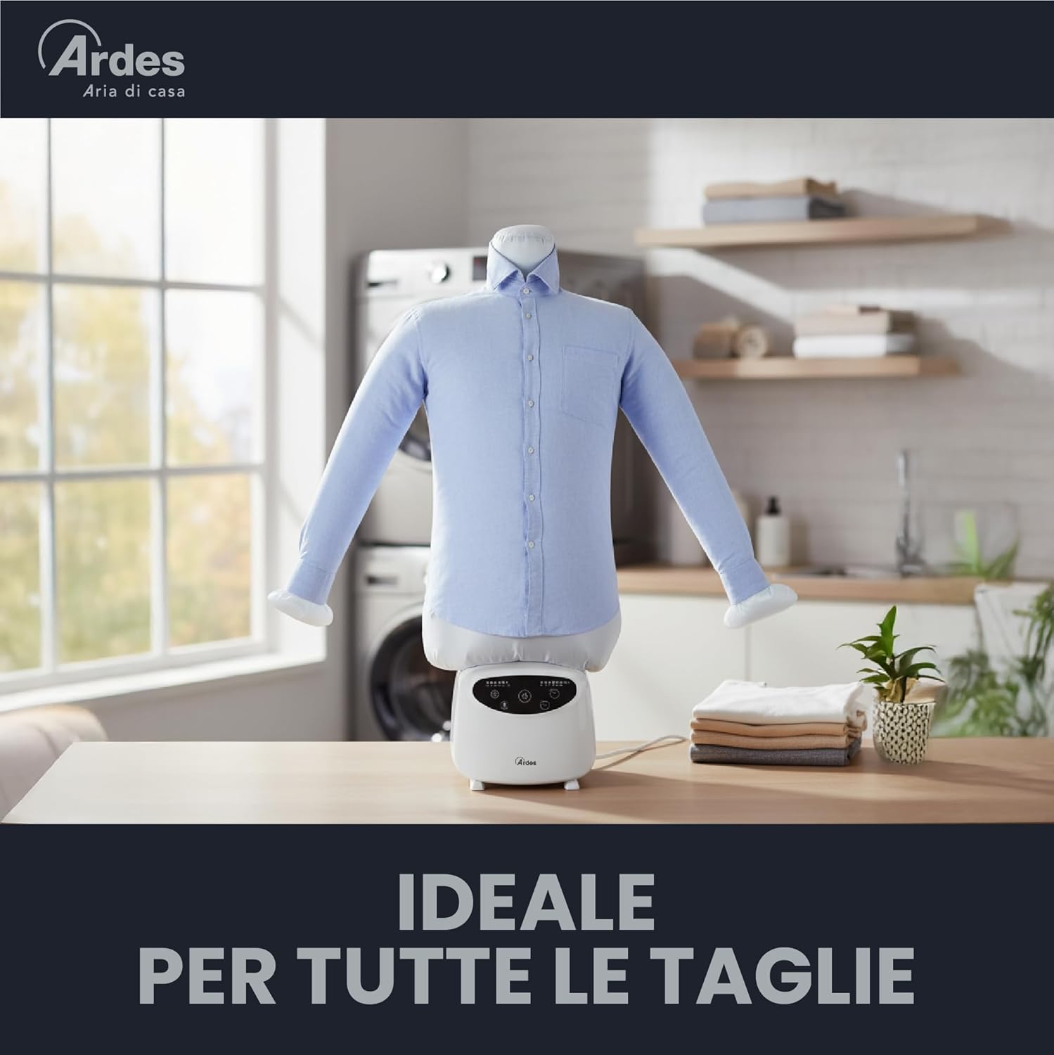 Ardes ARMST02D mannequin with a light blue shirt, highlighting its adaptability for all sizes