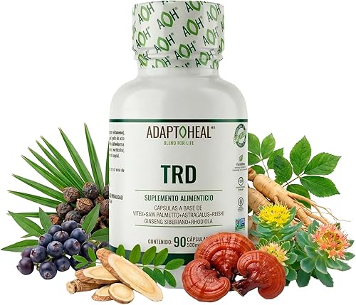 ADAPTOHEAL Suplemento Adaptógeno para Hombre y Mujer - Vitex, Saw Palmetto, Astrágalus, YODO, Rodiola - Vegano, sin Gluten, sin OMG - 90 Cápsulas,