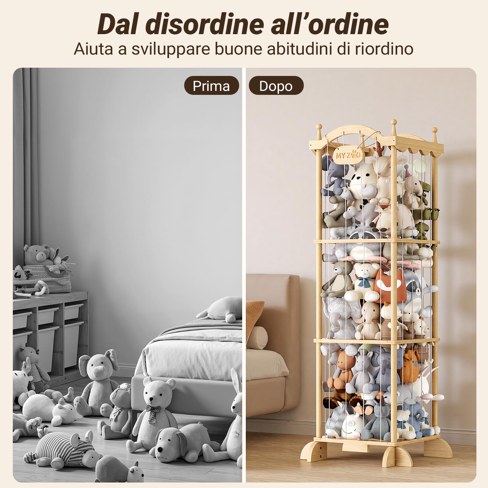 COSYLAND Organizer Peluche per Bambini, Salvaspazio, 141 x 55 x 49 cm | Corde elastiche per prendere e riporre i peluche, struttura verticale salvaspazio