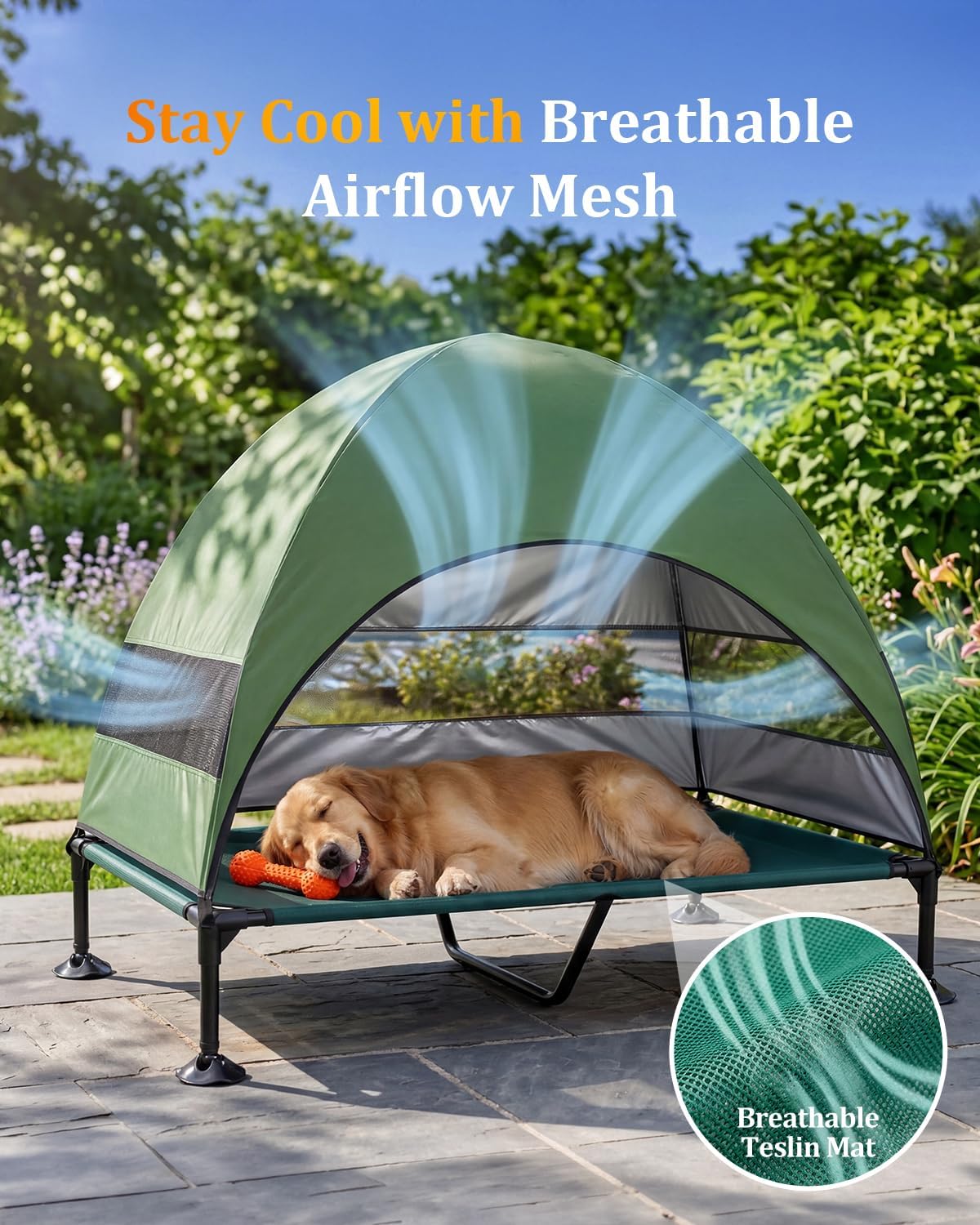Elevated Outdoor Dog Bed with Canopy, Raised Dog Cot with Stable Adjustable Feet, Dog Camping Bed with Larger Shade, Lifted Dog Tent Bed with Canopy for Outside (Green, X-Large)
