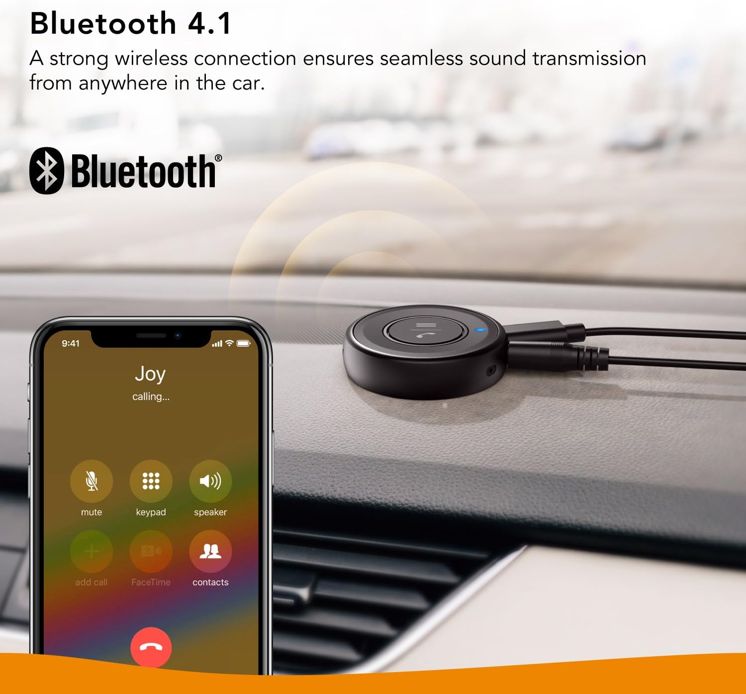 Roav Bluetooth Receiver on a car dashboard with a smartphone displaying an active call