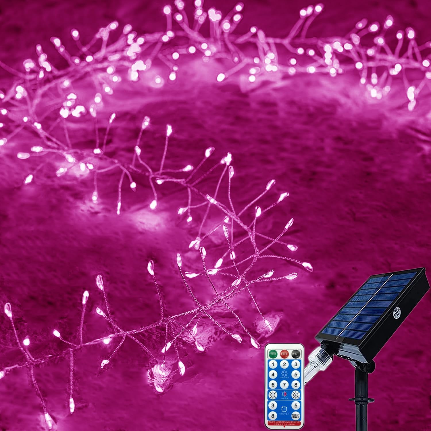 KINGCOO Solar Firecracker Lights Outdoor, Waterproof 29.5FT 300LED Silver Wire Cluster Fairy String Lights with Remote for DIY Bedroom Curtain Window Wedding Christmas Party Decoration (Pink)