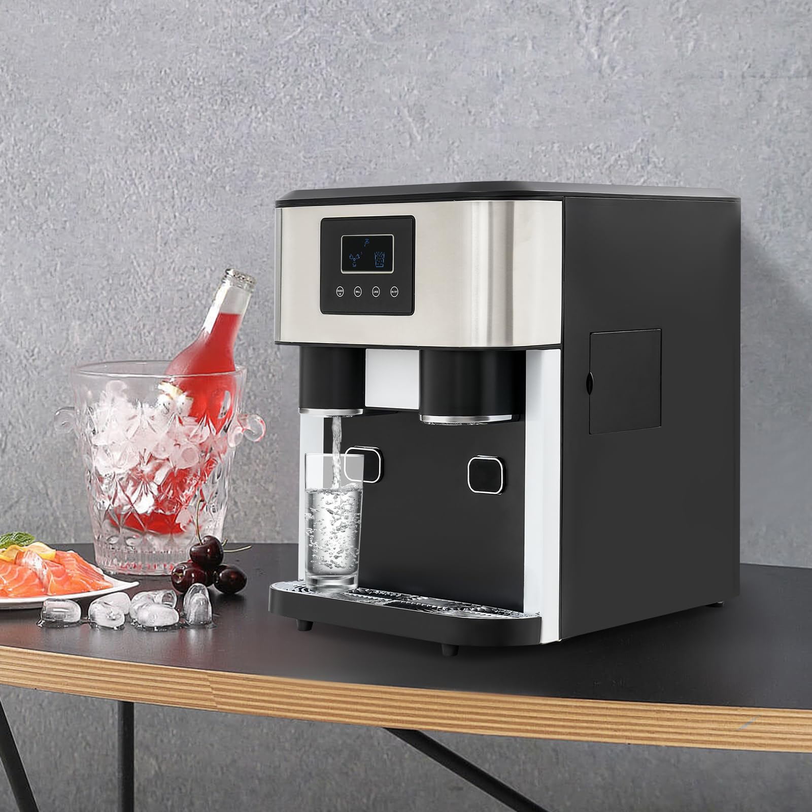 Macchina per ghiaccio 3 in 1, multifunzione, da tavolo, 240 V, con finestra di visualizzazione, cubetti di ghiaccio, ghiaccio tritato, acqua fredda, ciclo di 7-9 minuti, display LCD, in acciaio inox