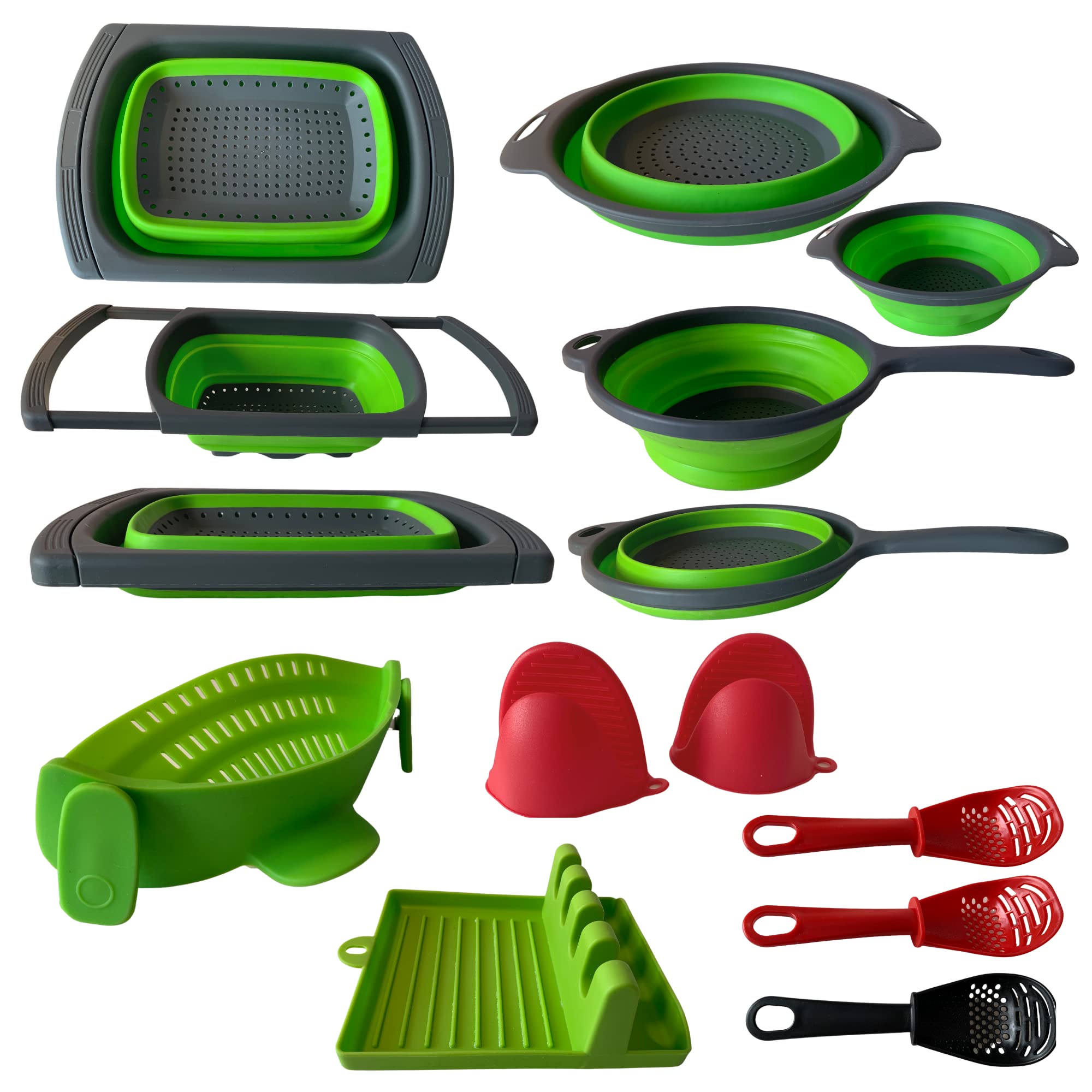 Juego de 10 coladores de cocina telescópicos plegables de silicona con asas, cuenco plegable, escurridor de clip, reposacucharas, 3 cucharas, prensapuré, guantes de silicona resistentes al calor