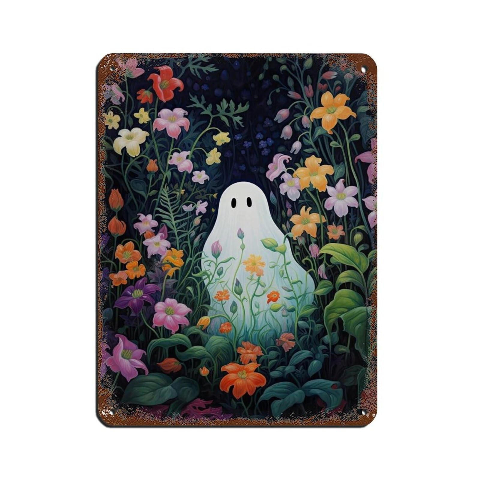 Ghost in The Flower Forest Poster, Spooky Art (2) Tin Sign Vintage Metal Pub Club Cafe Bar Home Wall Art Decoration Poster Retro 12x16inch(30x40cm)