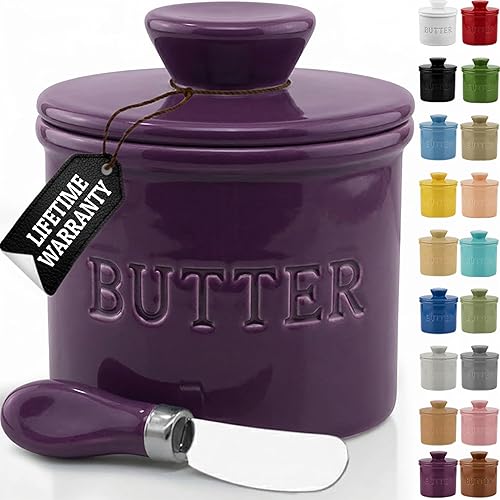 Miniatura 30 de Priority Chef Recipiente para Mantequilla con Tapa y Línea de Agua, Plato Francés de Cerámica para Mantequilla para Dejar en la Encimera, Gris Claro