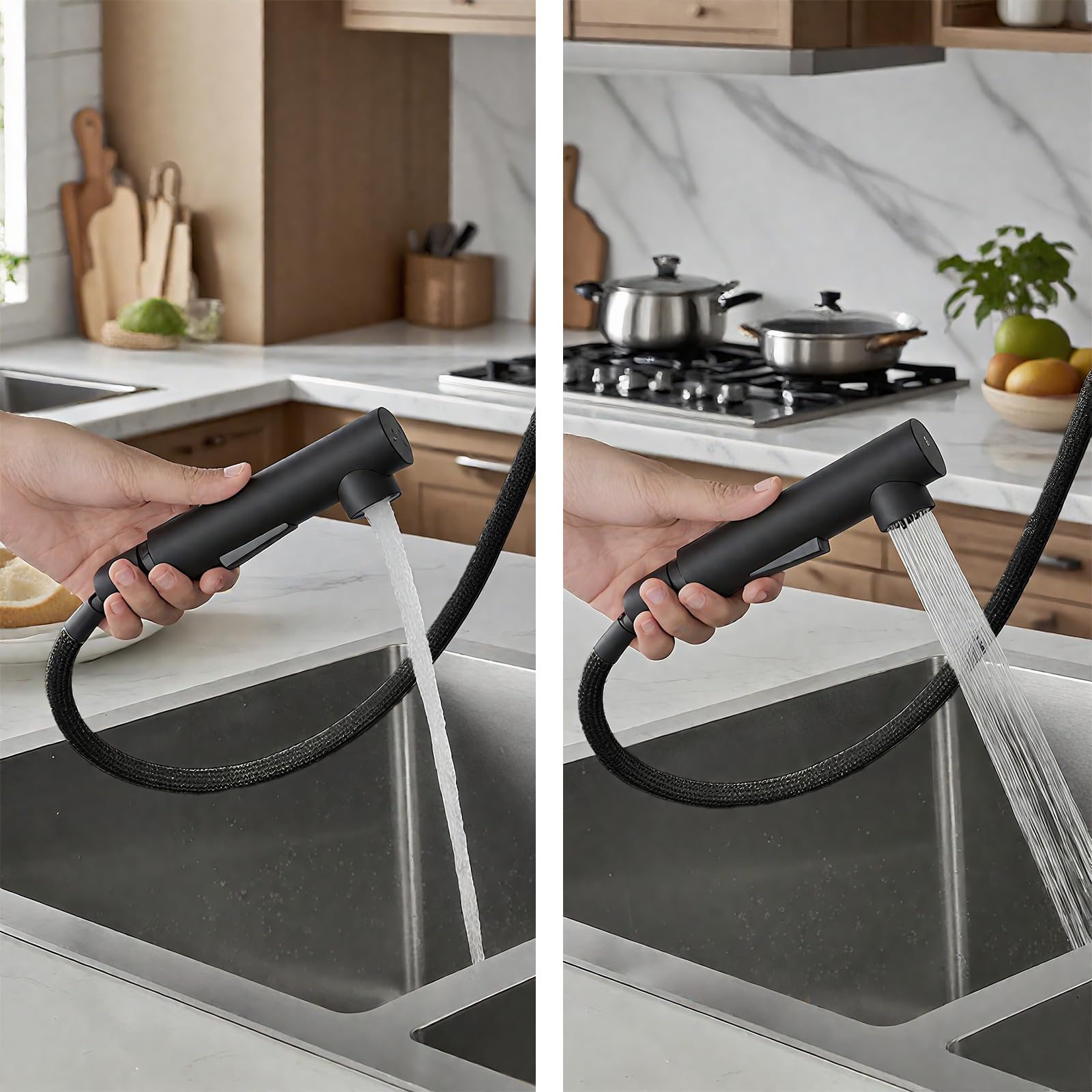 AICA Küchen-Wasserhahn, Hochdruck-Auszieharmatur aus Schwarz Edelstahl mit 2 Wasserstrahlarten, 360° schwenkbare Einhebel-Spültischarmatur und 40CM Auszugshose