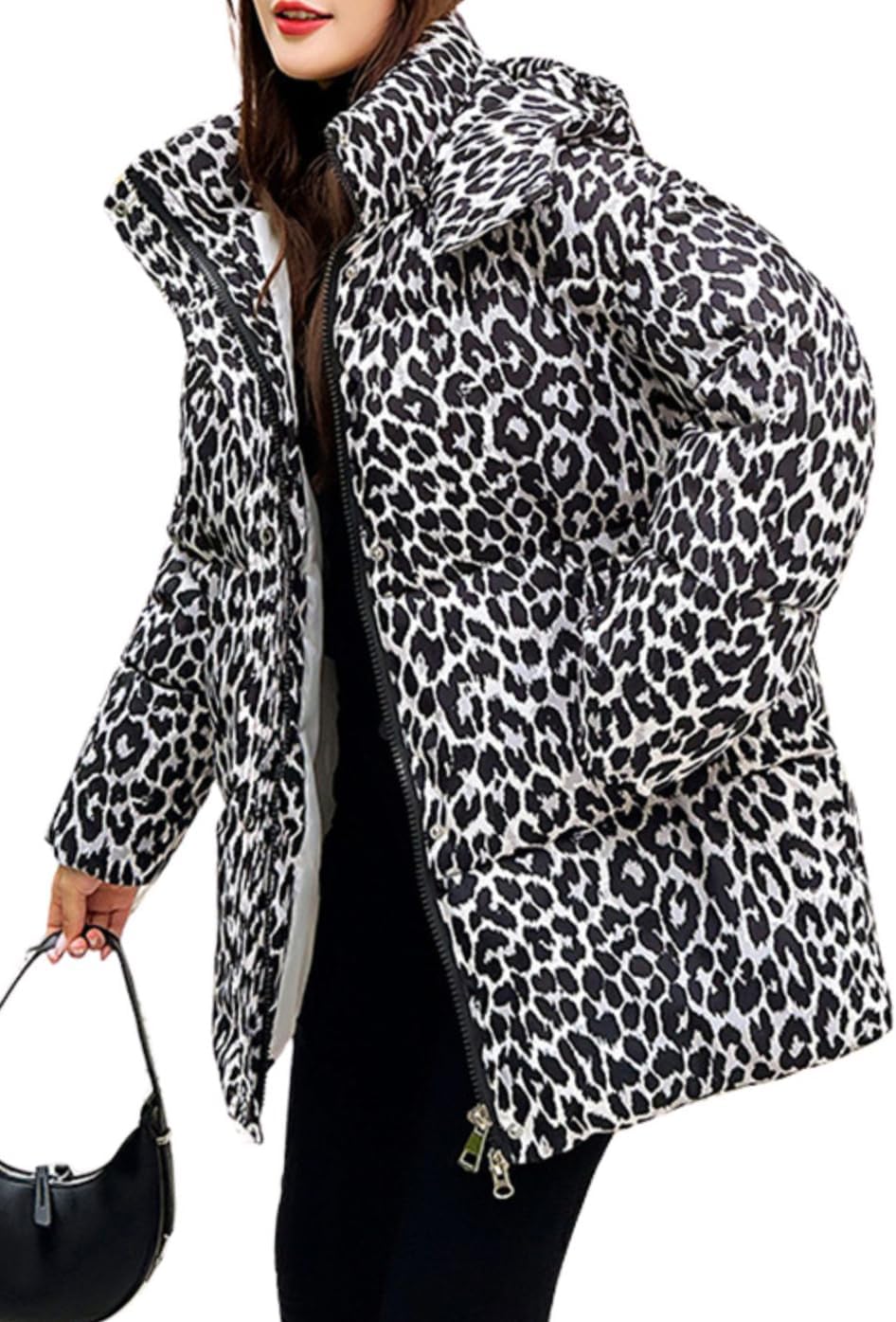 utcoco Womens 2024 Fashion Leopard Belted Padded Puffer Coat Winter Warm Quilted Jackets Parka with Removable Hood