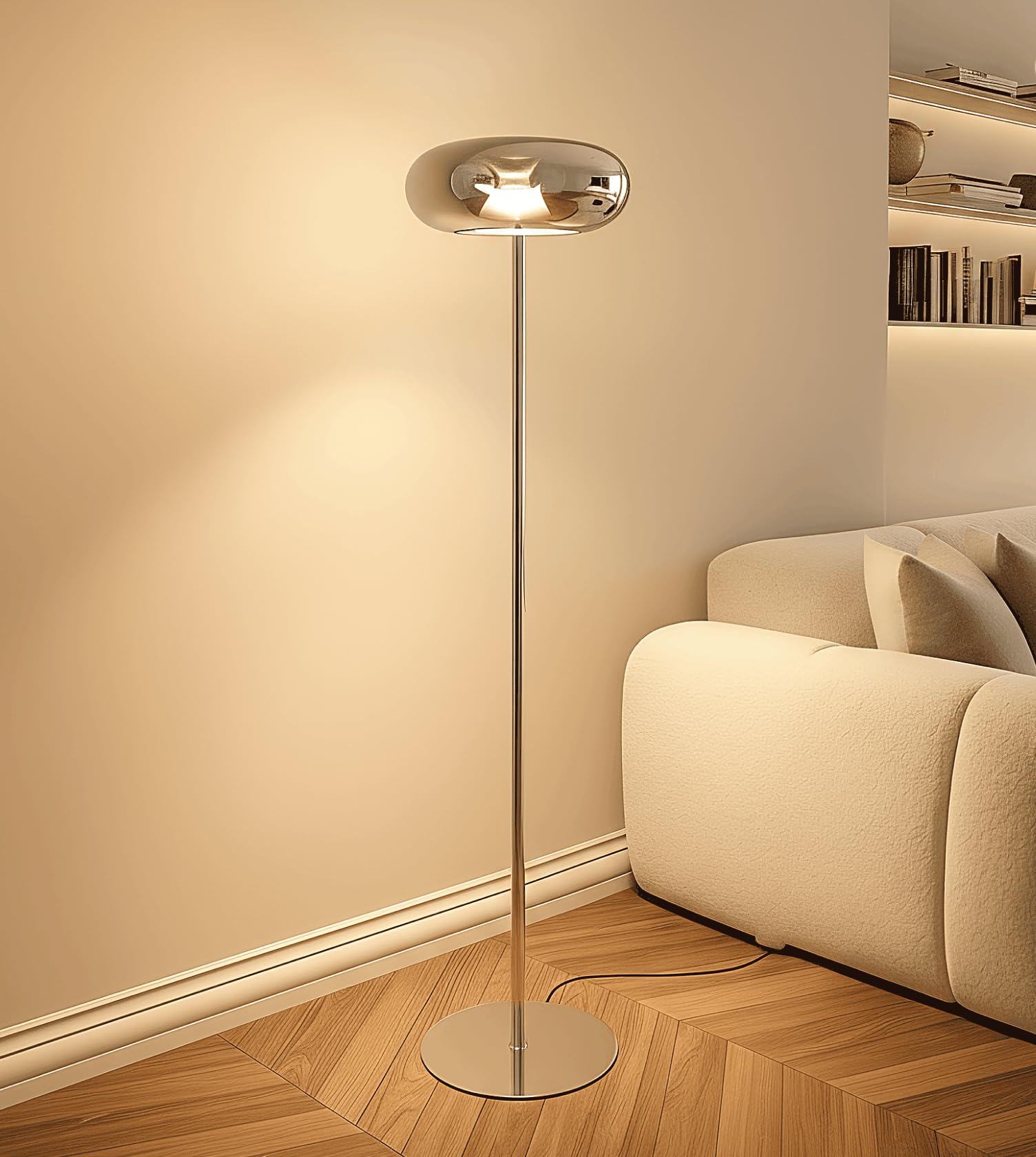 NEONA LUMIRA LED Stehleuchte Dimmbar im Pilzdesign, Retro Stehlampe mit Touch-Dimmer aus Glas und Metall, Warmweiß 2700K, 450 Lumen, Chrom (Chrom)