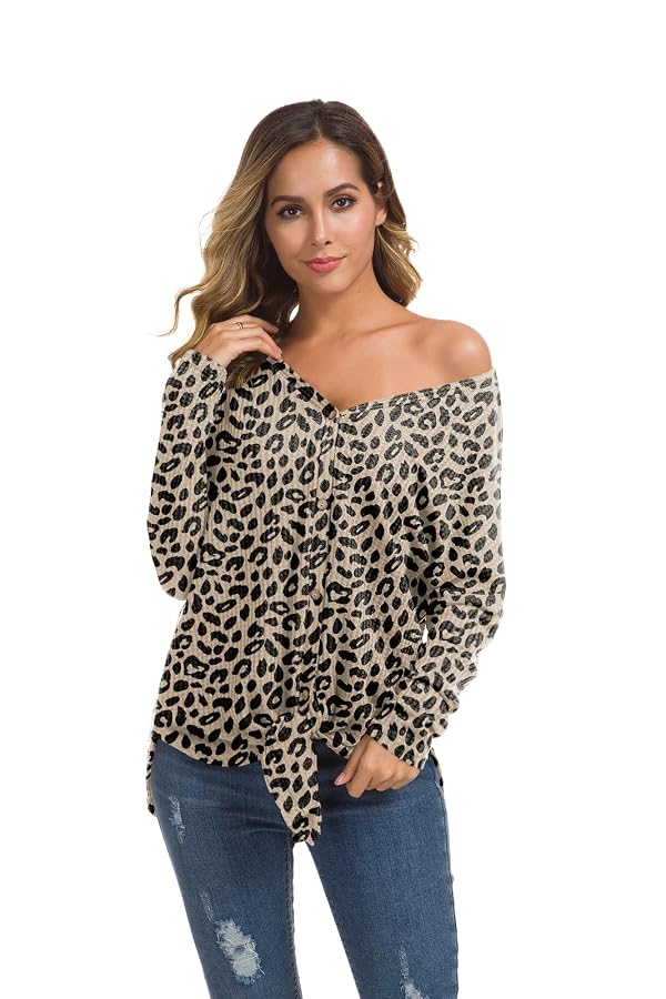 IWOLLENCE Womens Button Down Henley Long Sleeve Blouse Leopard Khaki L by IWOLLENCE - Used condition - Image 4
