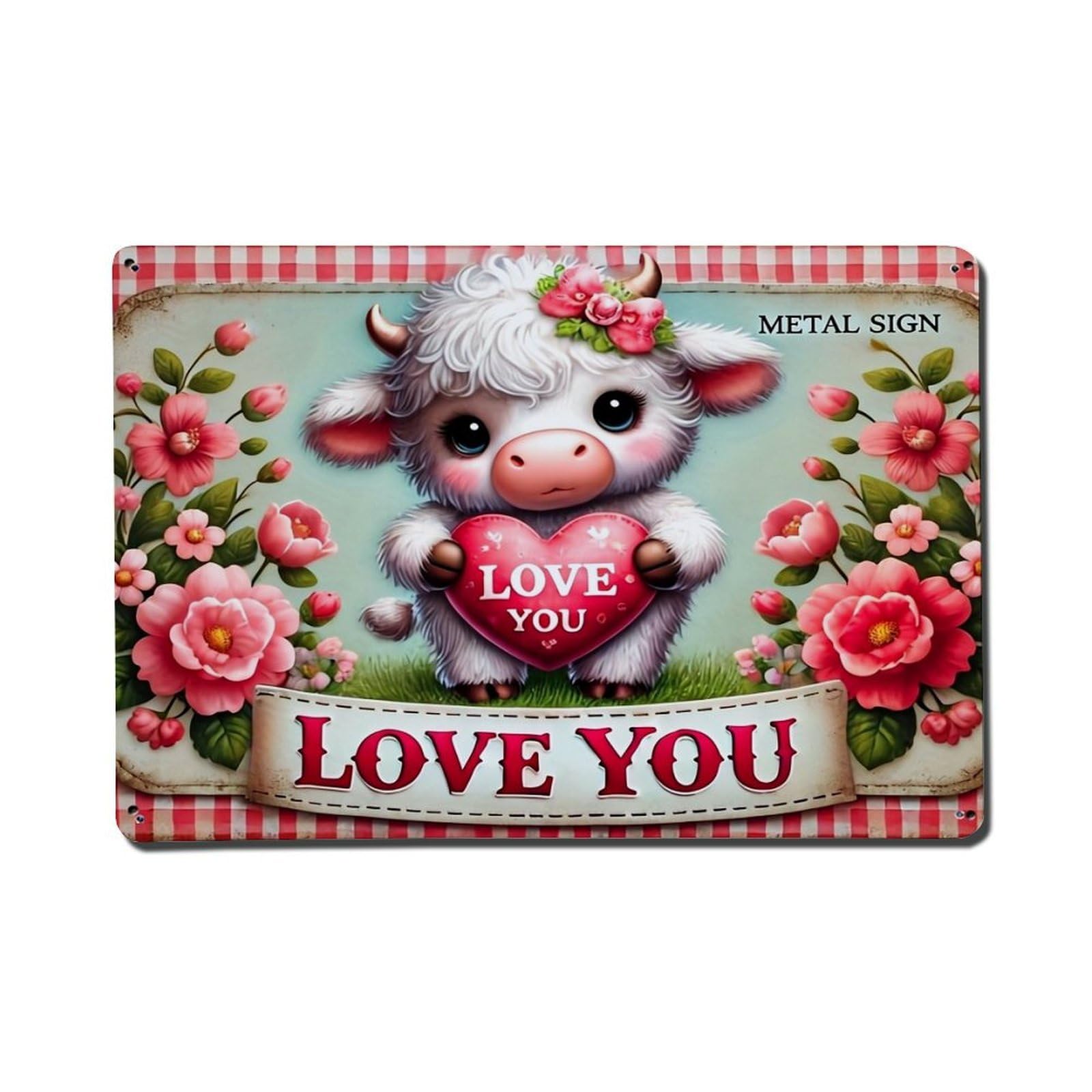Cute Cow Holding Heart Flowers Tin Sign Metal Poster Vintage Metal Signs for Home Man Cave Bar Cafe Kitchen laundry room Wall Decorations Gift 8x12Inch