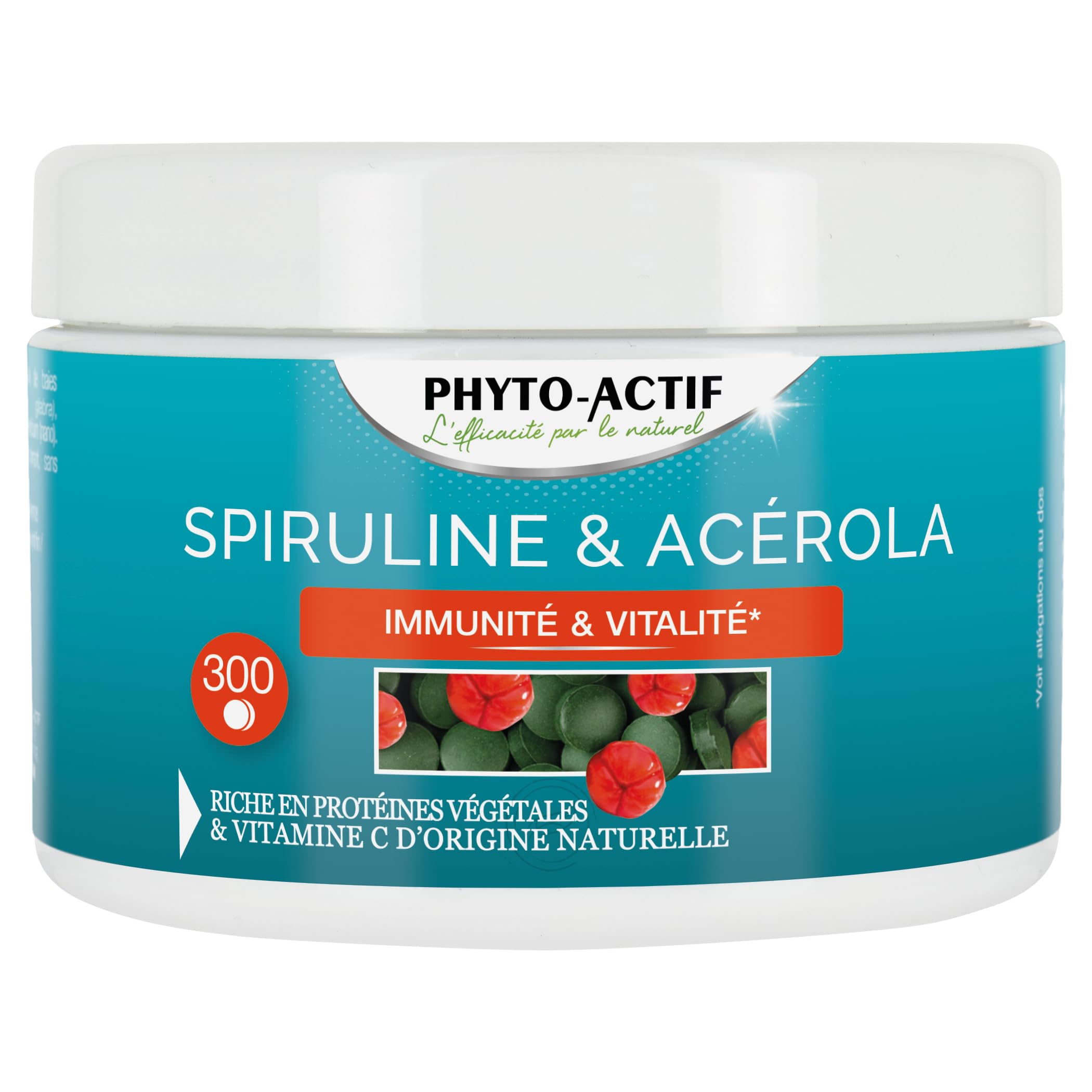 PHYTO-ACTIF | Spiruline & Acérola | Complément alimentaire Immunité & Vitalité | Système immunitaire renforcé | Réduit la fatigue | Riche en Vitamine C & Protéines végétales | 300 comprimés