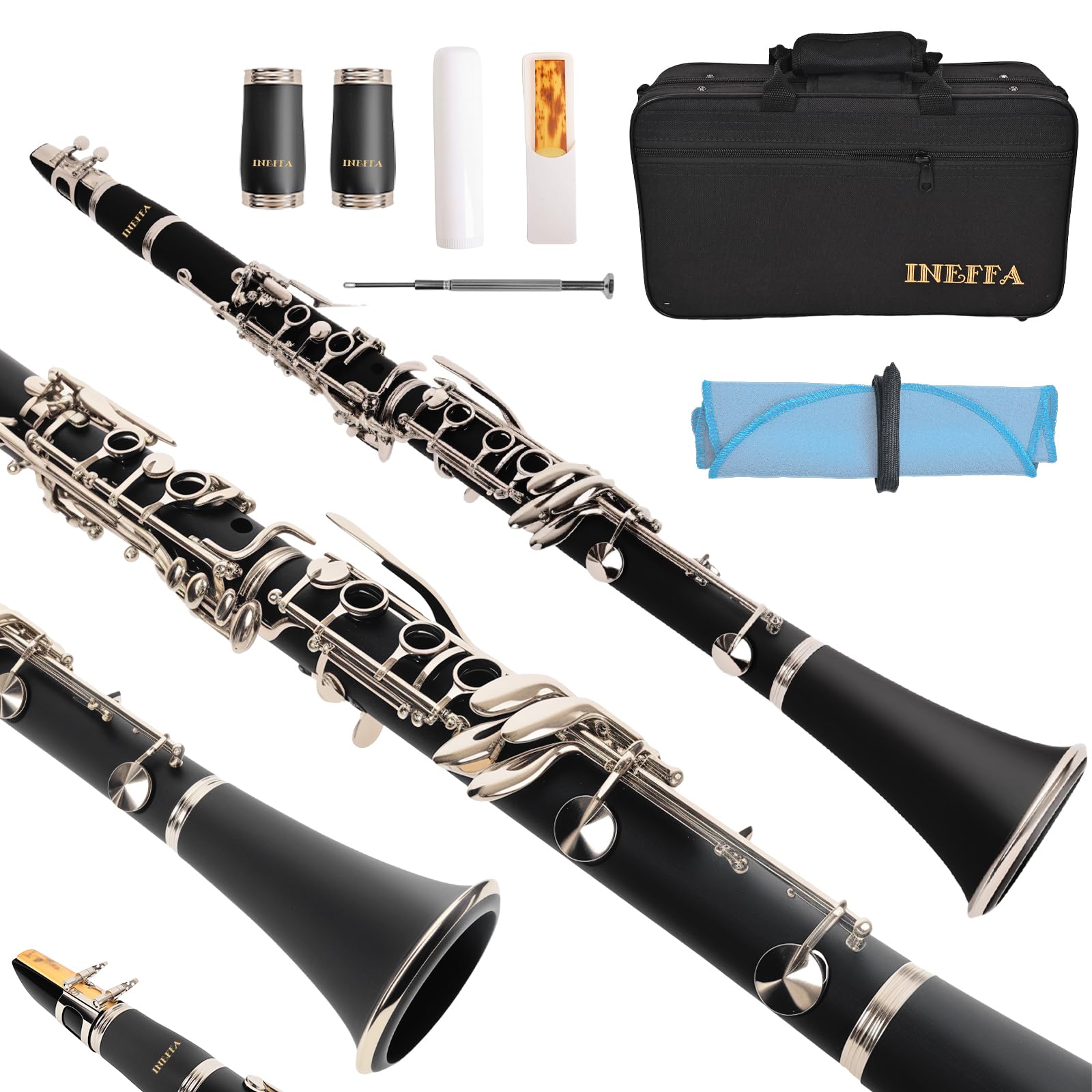 Bb Clarinet for Beginners, Professional Black Wood Clarinet with Hard Case, Cleaning Cloth, Cork Grease, and Fingering Chart, Reeds, for Students & Adults (ABS)
