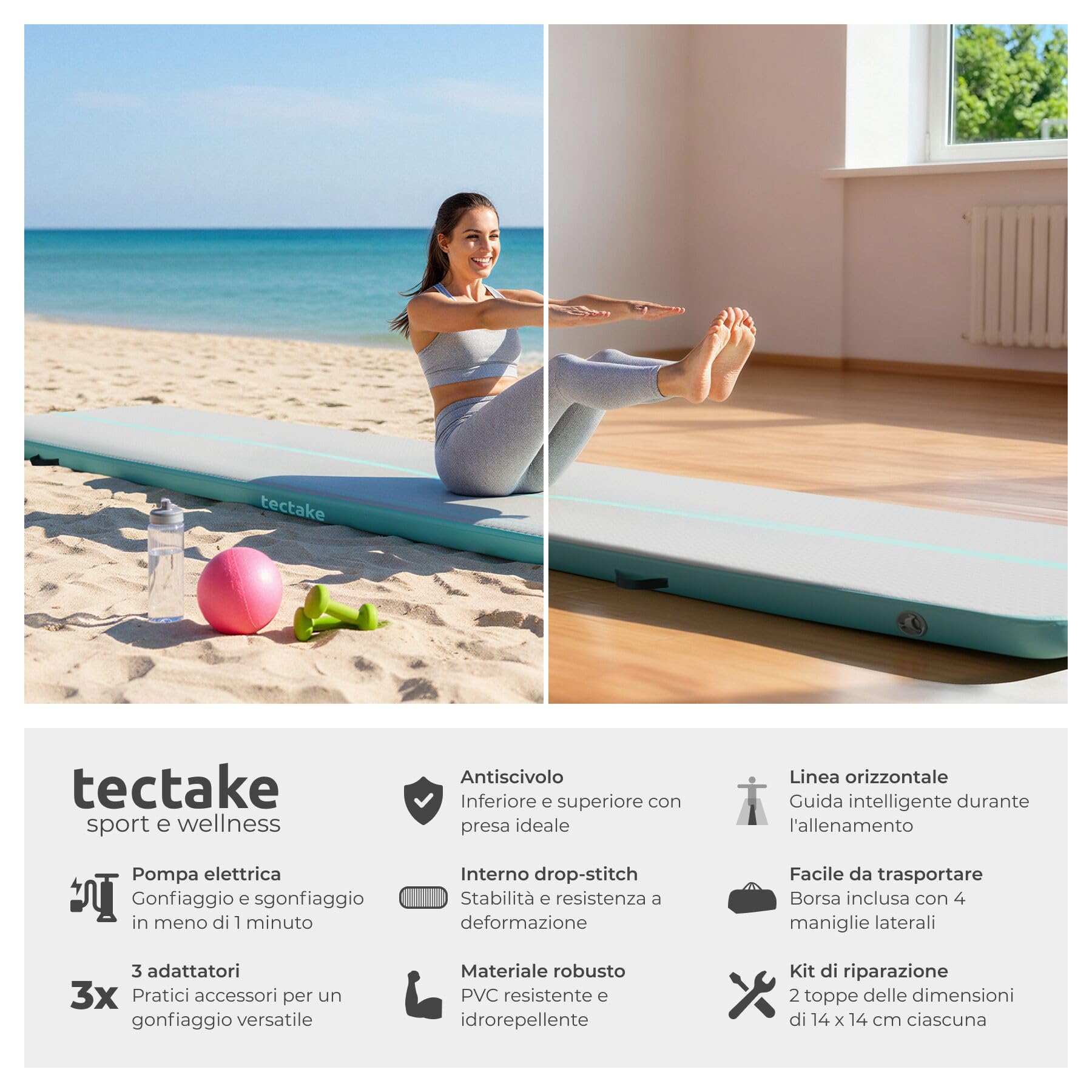 tectake® Tappetino Gonfiabile per Allenamento, Fitness, 397 x 104 x 10 cm, Materasso Gonfiabile con Pompa Elettrica, 4 Maniglie, Borsa per Trasporto, Kit di Riparazione, PVC Idrorepellente