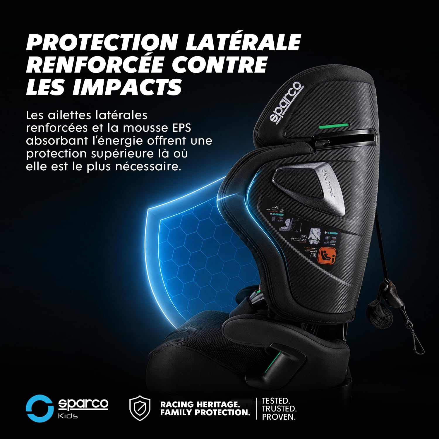 Siège auto Sparco i-Size SK8000IBK pour enfants de 76 à 150 cm, homologué ECE R129/04, avec ISOFIX et Top Tether, appuie-tête réglable, dossier rabattable et harnais à 5 points, couleur noire