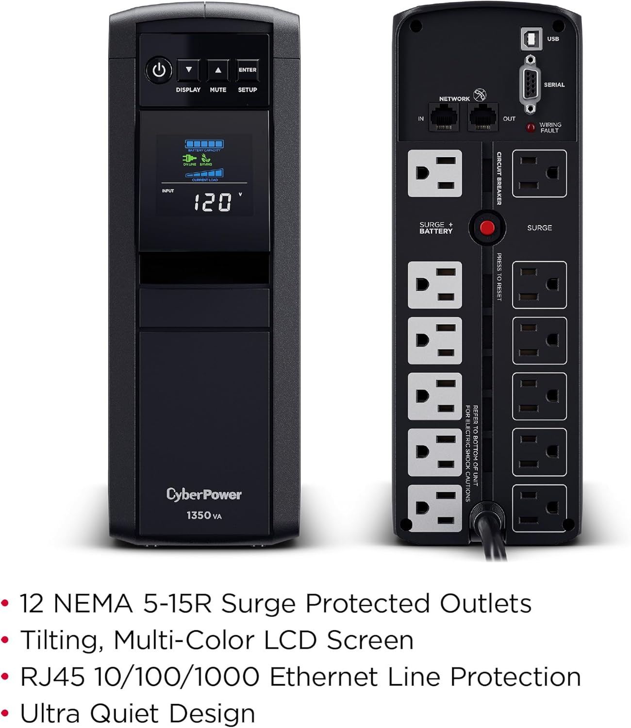 CyberPower CP1350PFCLCD PFC Sinewave UPS Battery Backup and Surge Protector, 1350VA/880W, 12 Outlets, AVR, Mini-Tower, UL Certified