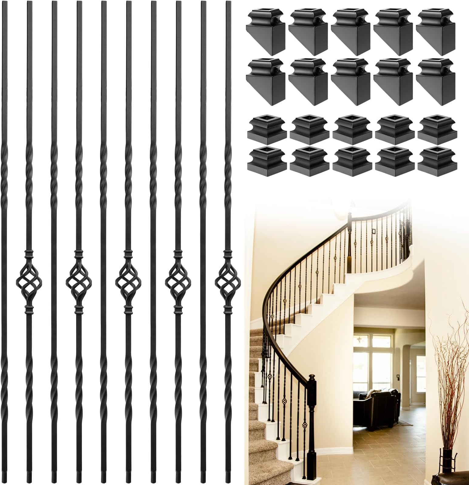 10 Pack Wrought Iron Balusters, 1/2" Iron Balusters for Staircases, Matte Black Metal Stair Baluster Balusters for Staircase Interior W/Baluster Shoes (5 Double Twist +5 Single Basket)