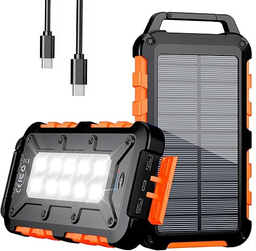 Cargador Solar 26800mAh, Power Bank Solar Batería Externa Portátil PD15W USB C Carga Rápida Impermeable 3 Salidas y 2 Entradas con Linterna LED para Moviles Tabletas Etc.(Naranja Claro)