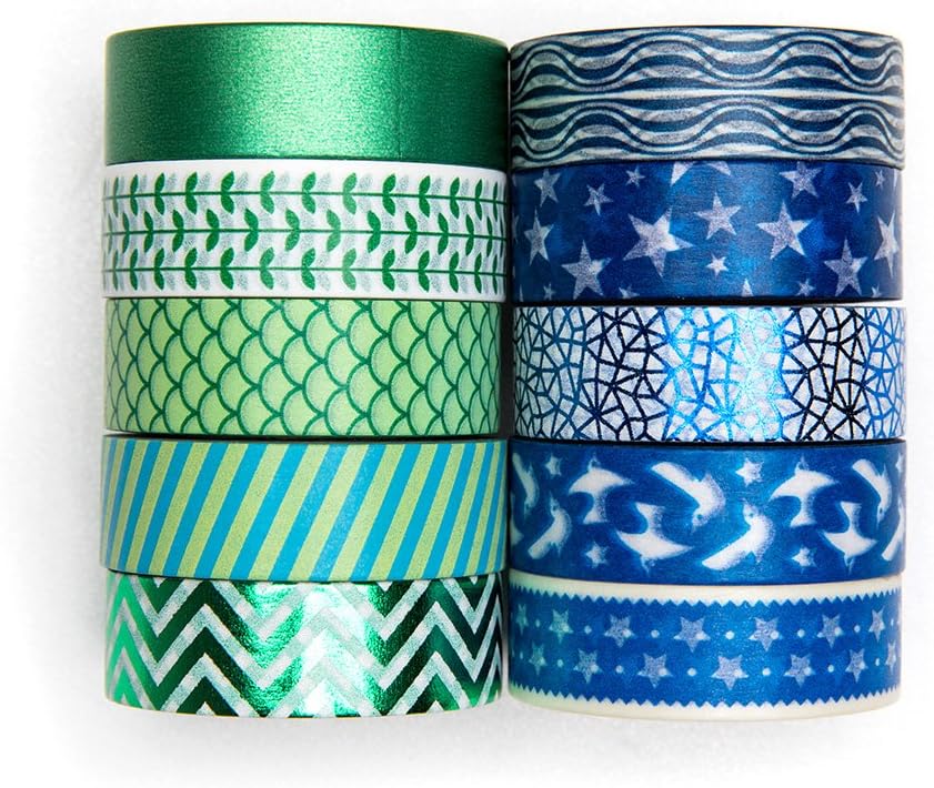 UNIQOOO Adhesive Washi Tape Masking Tape Set of 10 Rolls, Metallic Green & Blue Collection, 32 Feet Each Roll- Perfect for Crafting DIY, Christmas Wrapping, Bullet Journal Planner Decoration