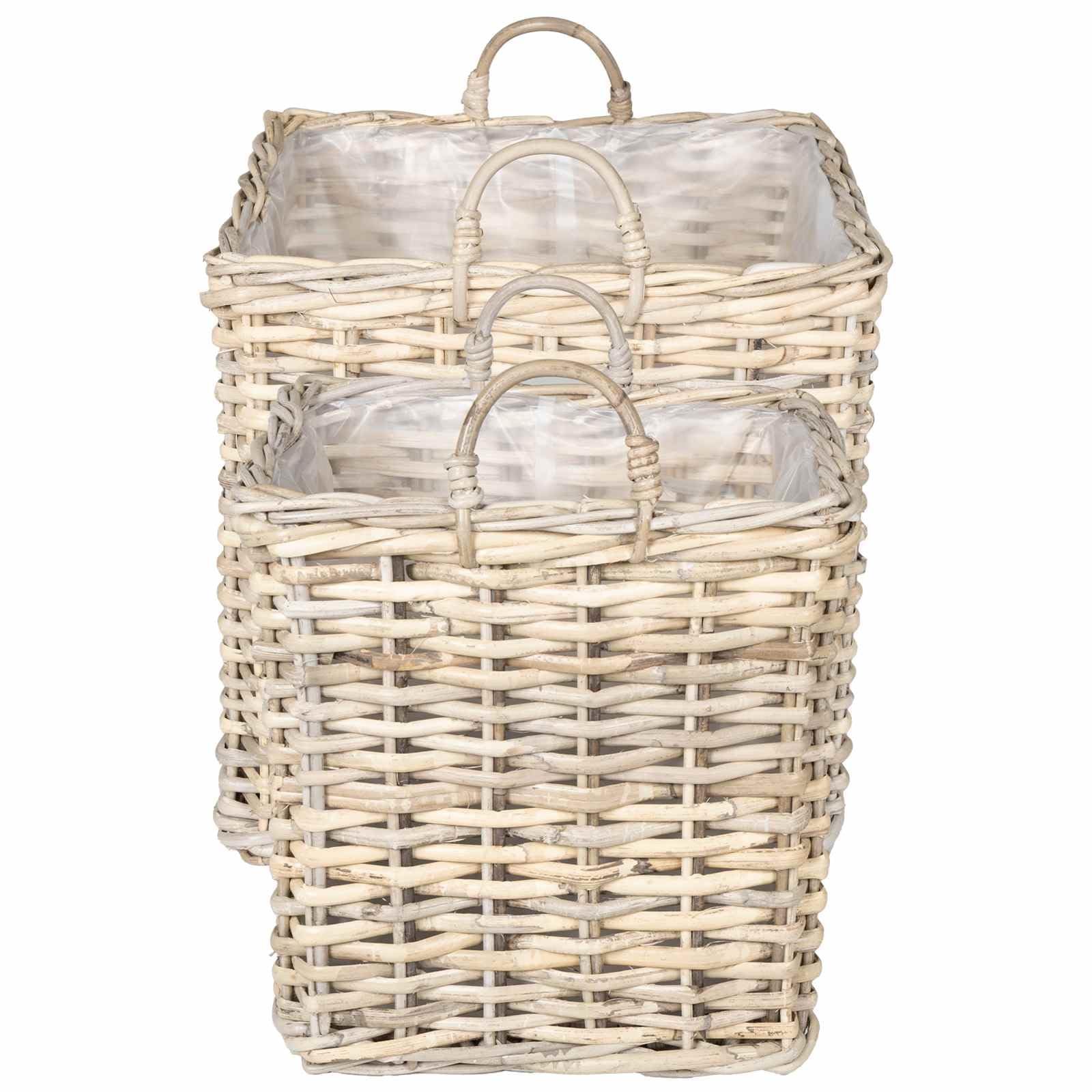 Juego de 2 macetas con almacenamiento de mimbre Kubu en gris natural para interior y exterior, plegable, con revestimiento interior impermeable, ideal para plantas, decoración