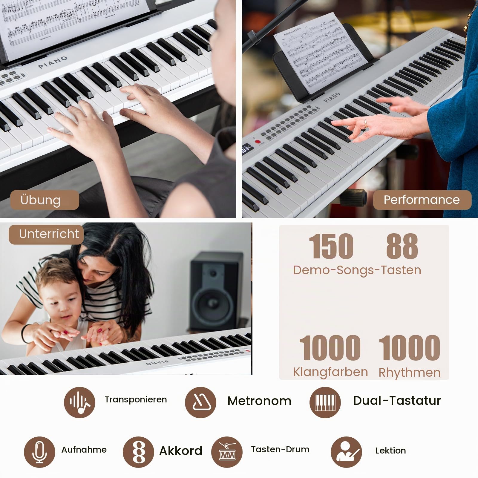 KOMFOTTEU Digitales Klavier mit 88 Tasten faltbar, Keyboard Piano mit kabellosem MIDI, zwei Lautsprechern, 1000 Stempel und Rhythmen, Digitalpiano mit Tasche (Weiß)