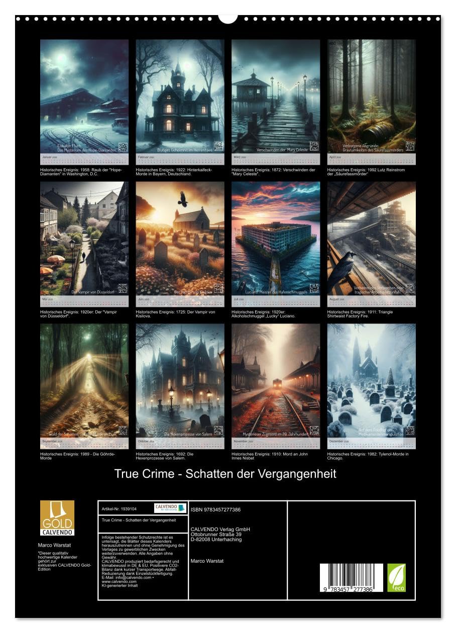 True Crime - Schatten der Vergangenheit (hochwertiger Premium Wandkalender 2026 DIN A2 hoch), Kunstdruck in Hochglanz: True Crime Kalender: Wahre Verbrechen, QR-Codes, KI-Bilder (CALVENDO Menschen)