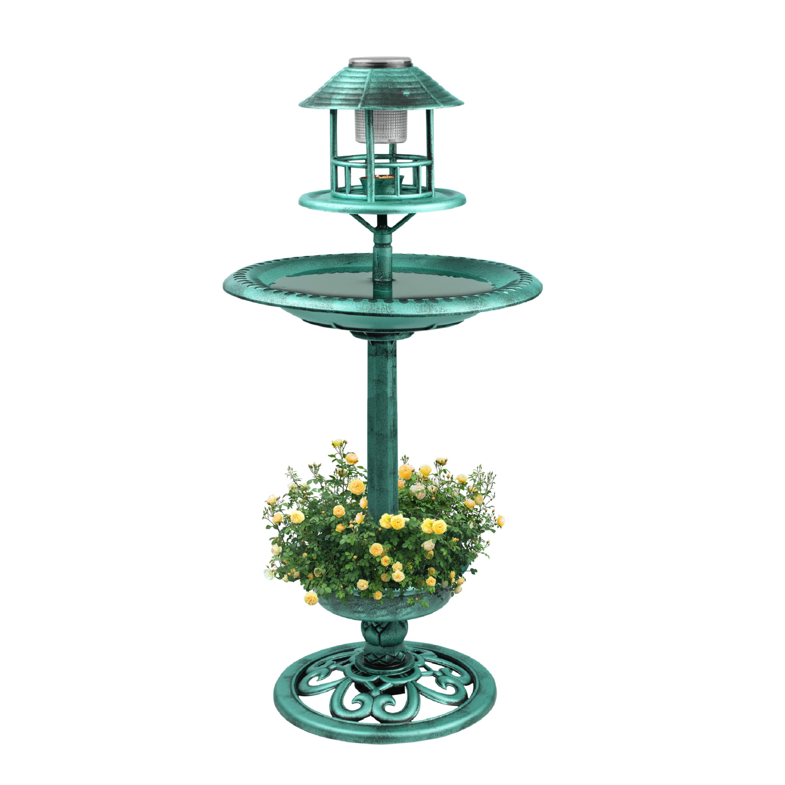 Crystals Tradational Weatherproof Pedestal Water Garden Plastic Bird Bath (Green - Solar Powered)