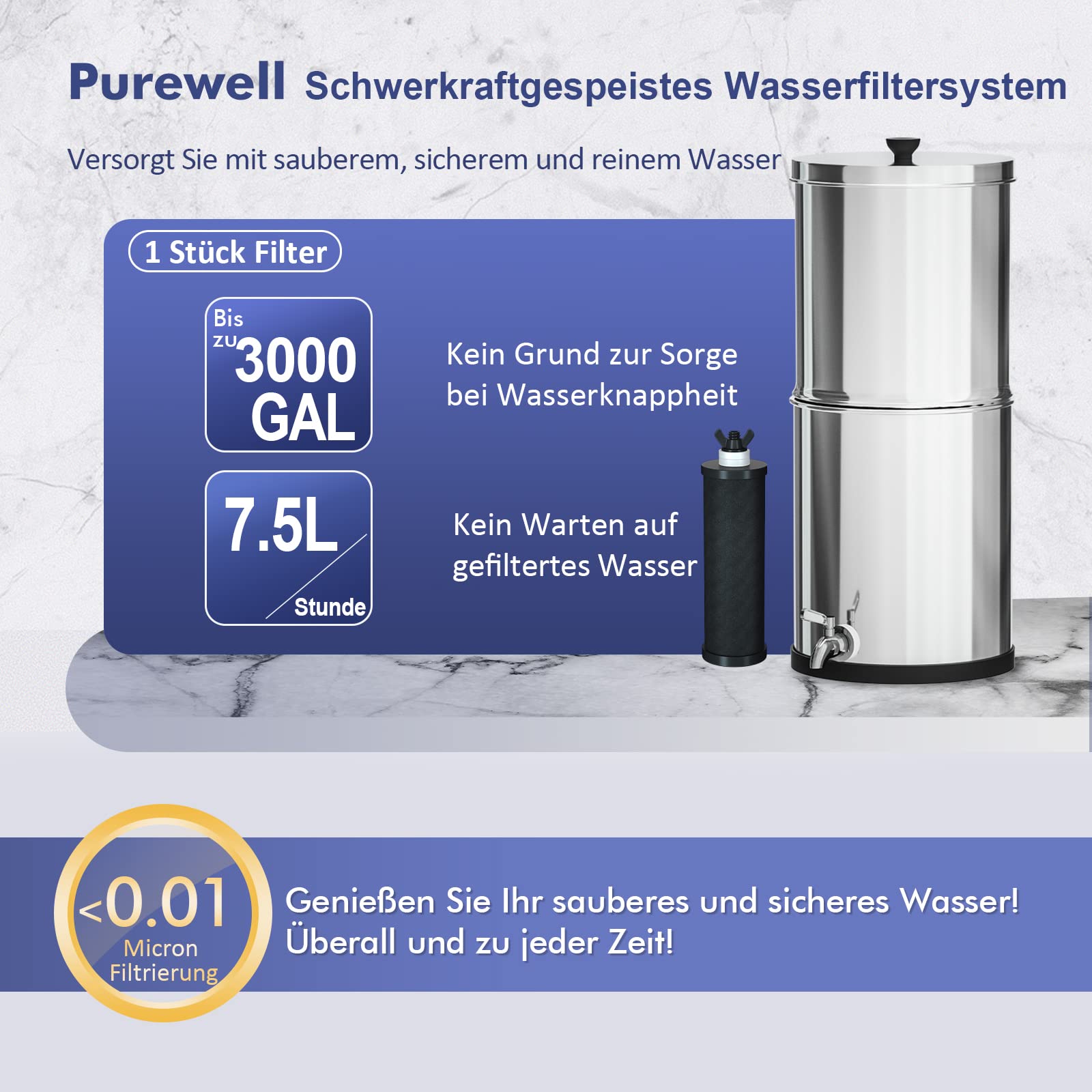 Purewell 8,5L Schwerkraft-Wasserfilter mit Aktivkohle