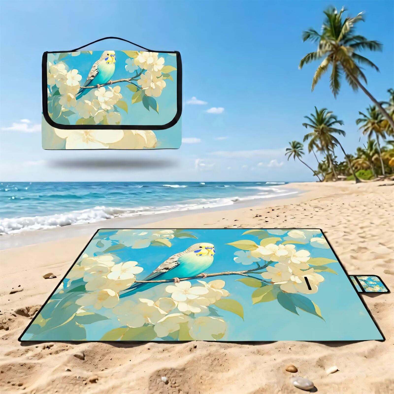 Couverture Pique Nique Grande 200x300cm,Outdoor Couverture Imperméable,Pliable Tapis de Plage Dos en PVC Anti-Sable,Picnic Blanket pour Camping Accessoires,Jardin,Parc,Famille - Perroquet,Fleur UZ-363