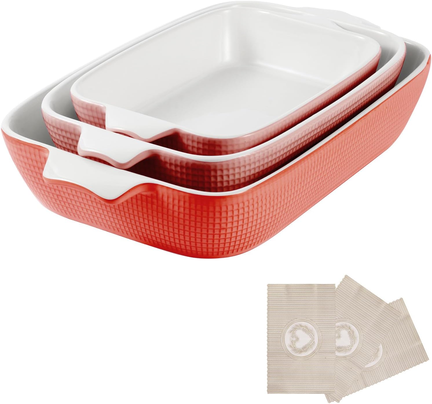 bakeware casserole oven dishes baking - 3pcs ceramic rectangular oven serving sets,?10.3/12.4/14.7?stoneware cookware pan, porcelain white thanksgiving ware for cooking lasagna (red)