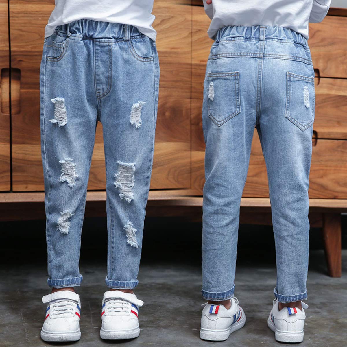 KIDSCOOL SPACE Vaqueros de Moda dañados con Agujeros Rasgados para niñas, Azul, 14-15 años