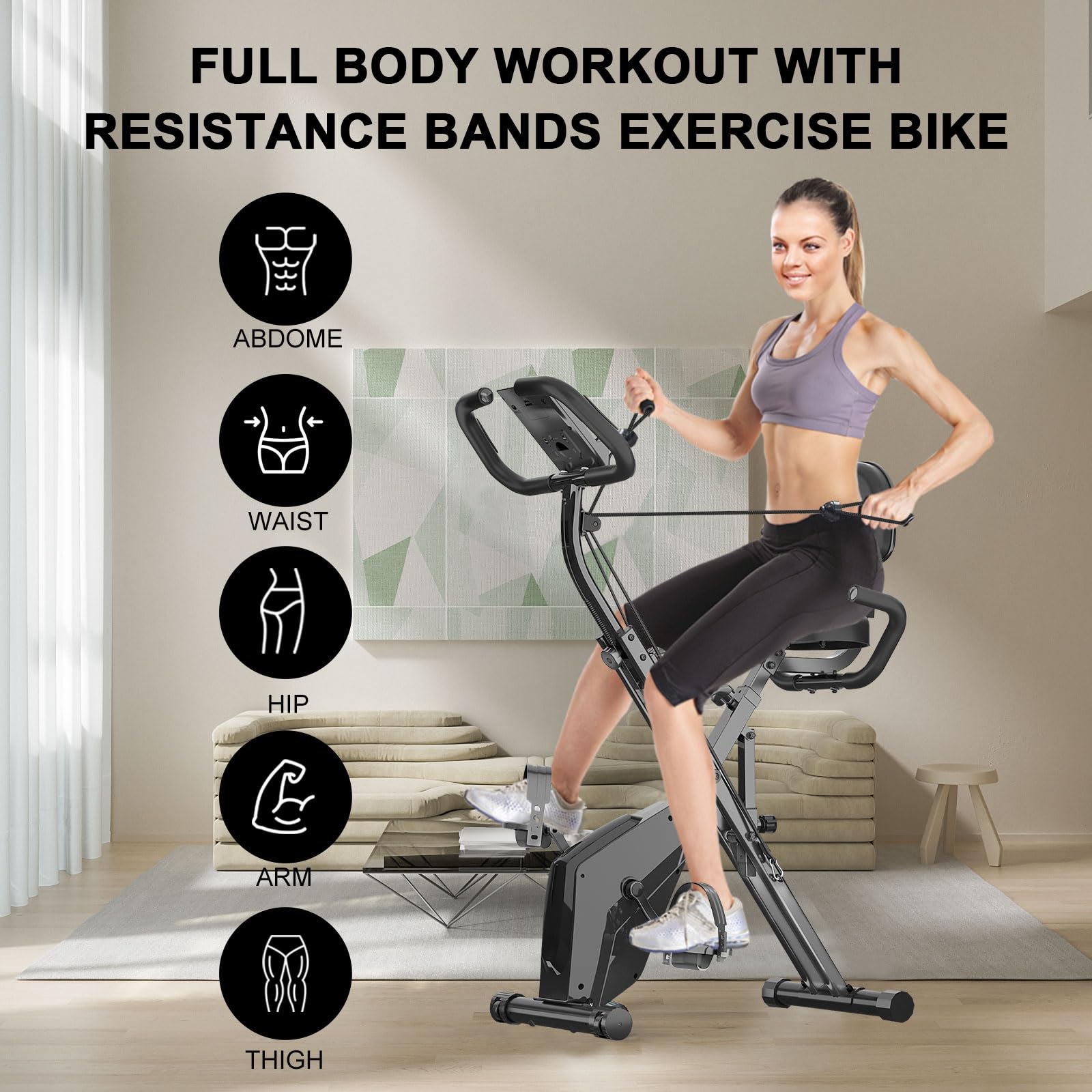 Vélo d'appartement pliable pour la maison 4 en 1 ergomètre pliable pour la maison, 150 kg, portée avec résistance magnétique réglable et écran LCD fitness bike avec capteurs à pulsation