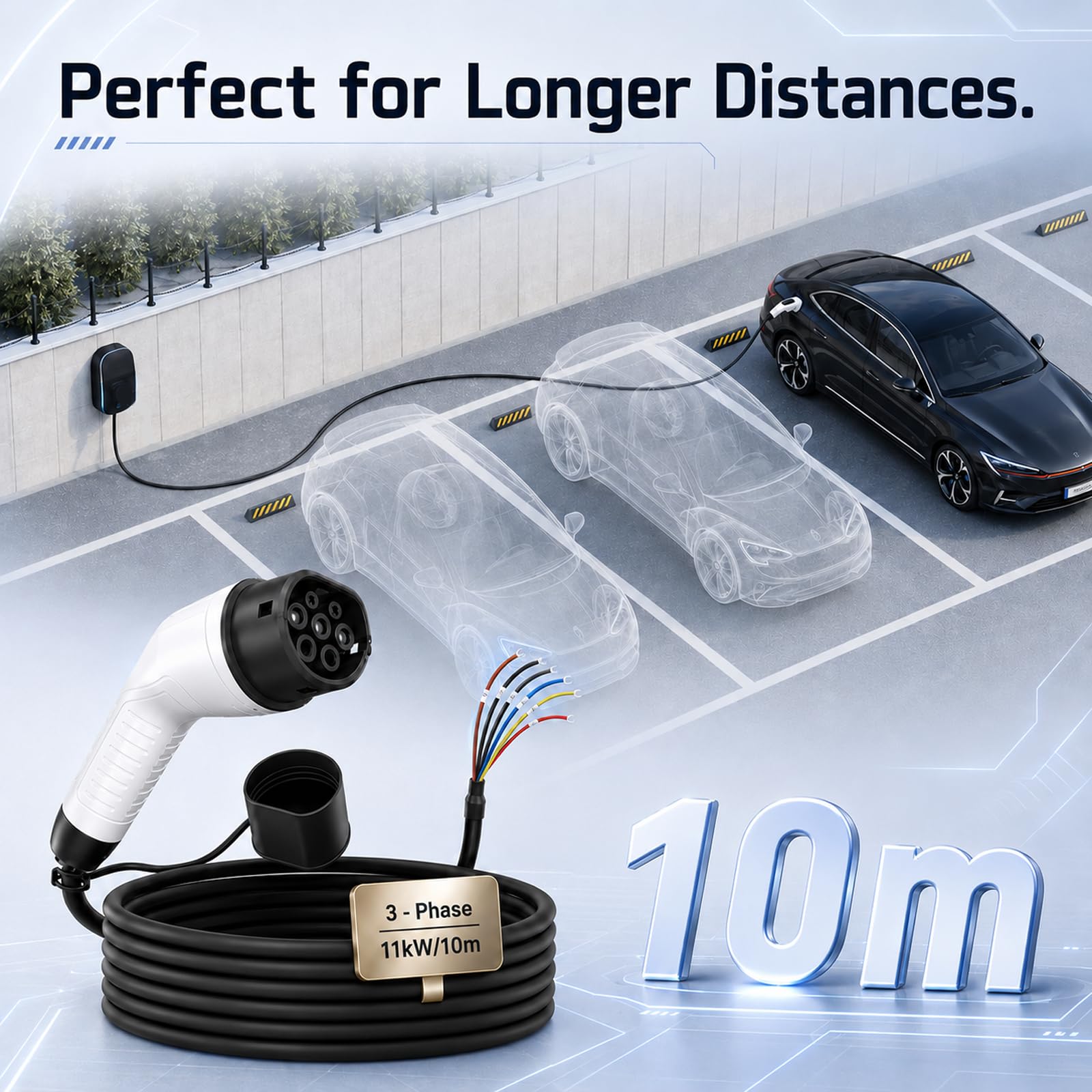Cavo di ricarica tipo 2, 11 kW, 10 m, estremità aperta per auto elettriche e ibride, cavo di ricambio 3 fasi, 16 A, 10 m, per Wallbox e stazione di ricarica per EV PHEV tutte le auto elettriche