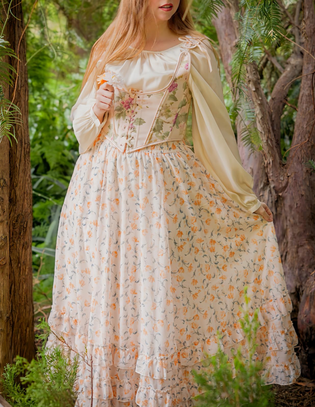 SCARLET DARKNESS Falda larga de gasa floral para mujer, cintura alta, elástica, con volantes, con bolsillos