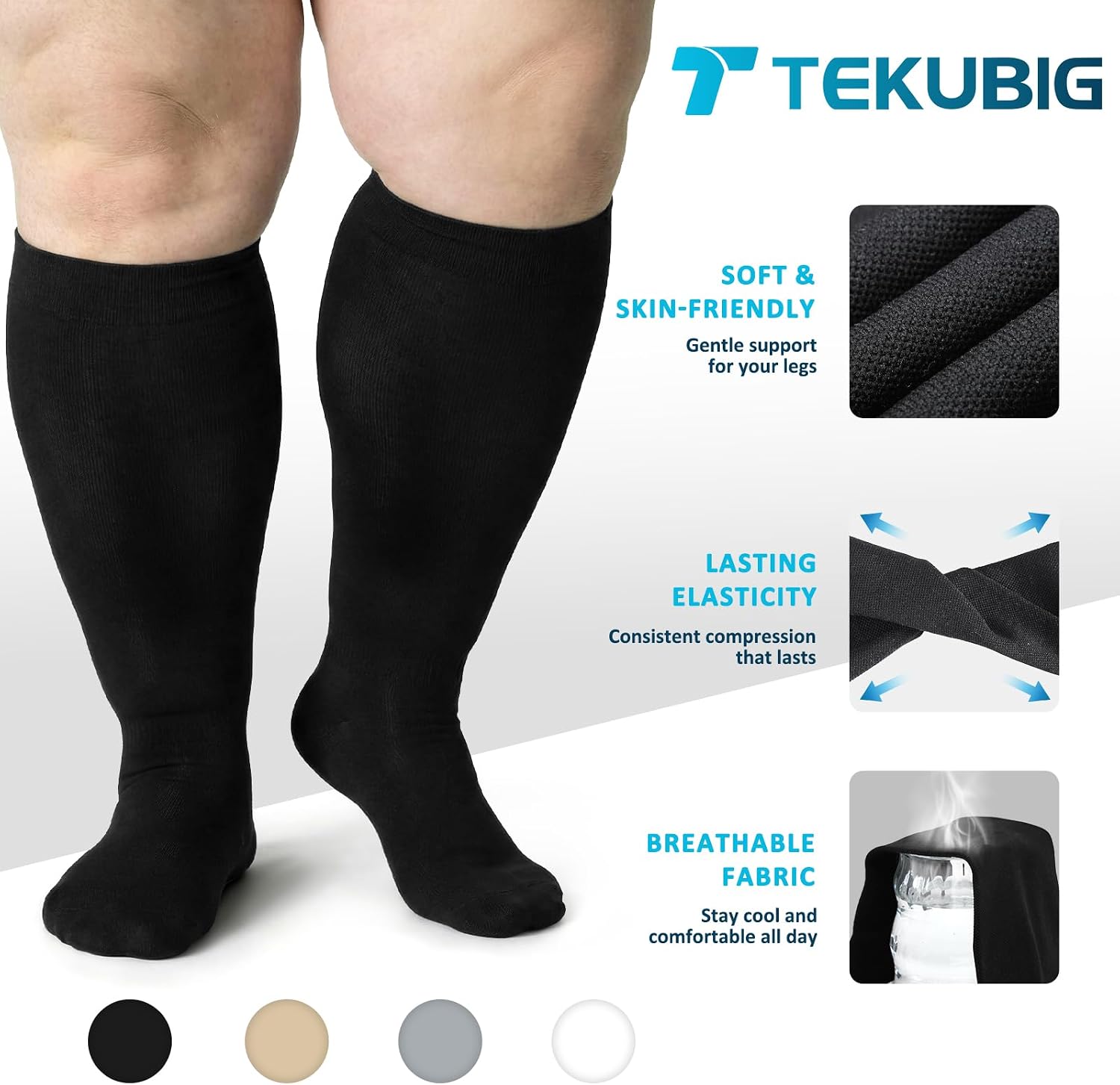 3 Pairs Plus Size Medical Compression Sock for Women Men, Wide Calf Knee‑High 20-30 mmhg Graduated Stocking for Leg Circulation Support