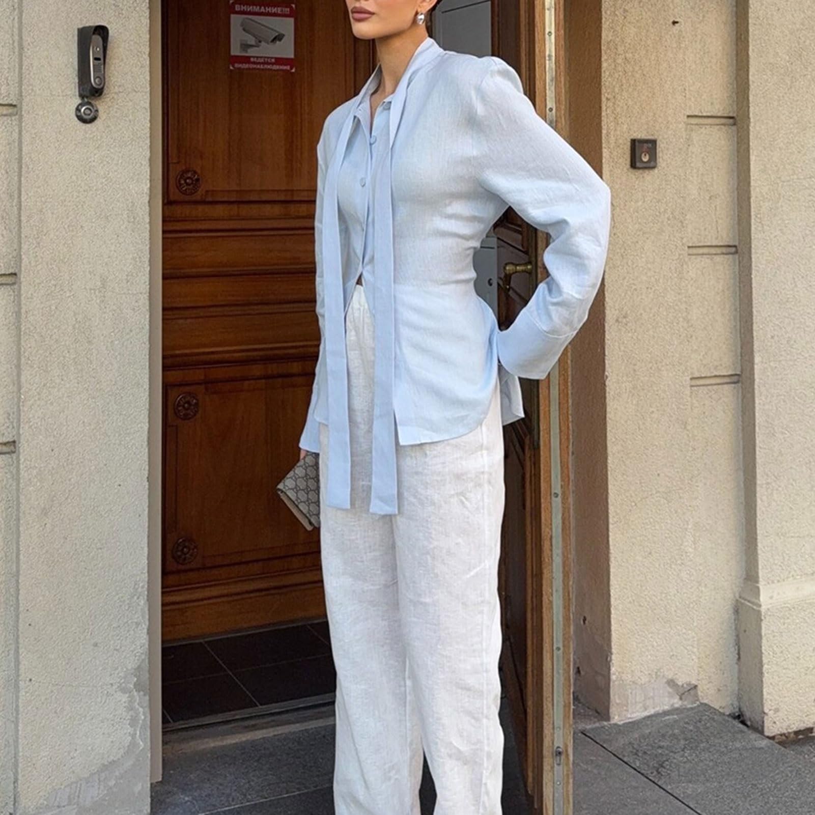 Blusa de Algodón con Botones y Manga Larga for Mujer, Camisa con Cinturón for Oficina e Informal