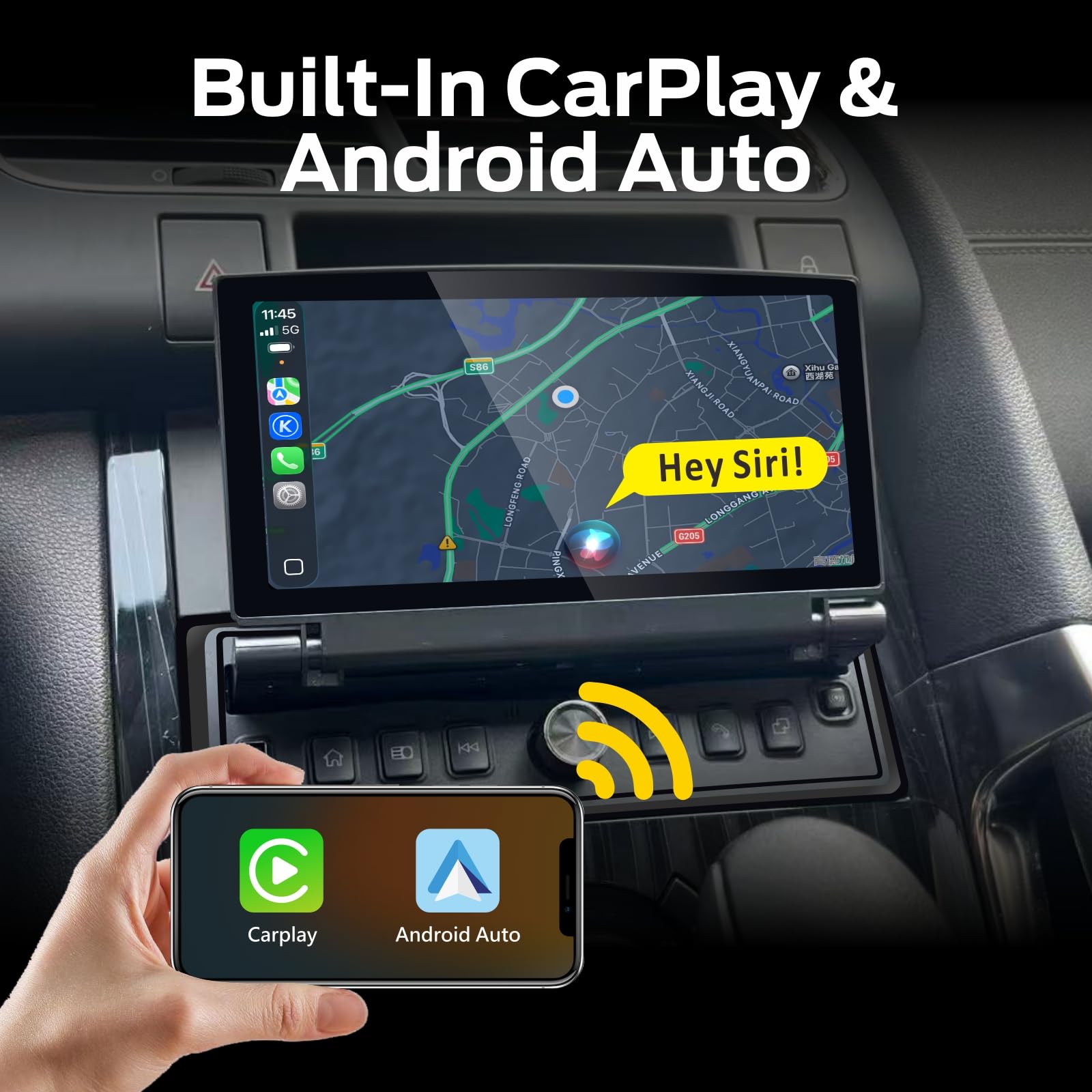 Pojedyncze radio samochodowe DIN z rozkładanym ekranem, bezprzewodowym CarPlay i Android Auto, rozkładane radio samochodowe z ekranem dotykowym o jakości dźwięku na poziomie OEM, Bluetooth, FM/AM RDS