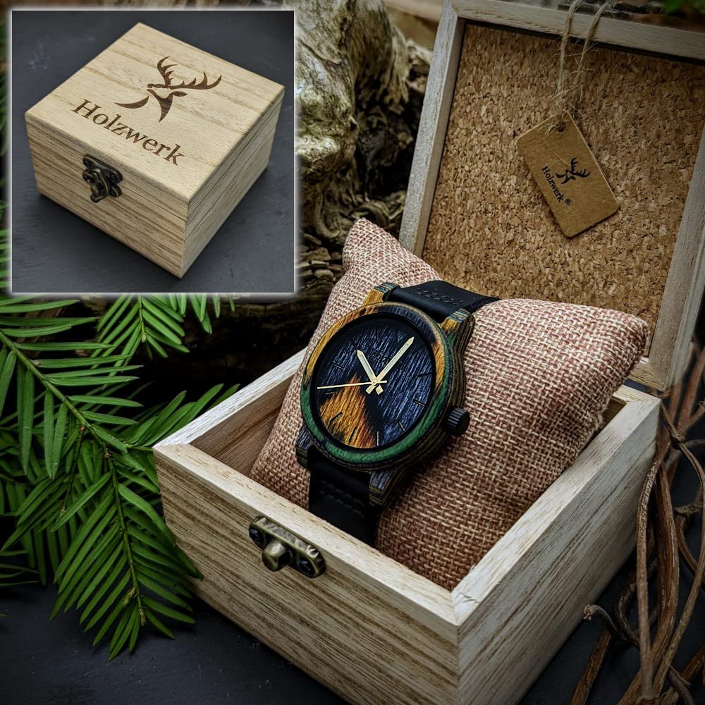 Holzwerk Germany Ręcznie wykonany zegarek unisex damski zegarek męski ekologiczny naturalny drewniany zegarek skórzany zegarek analogowy klasyczny zegarek kwarcowy brązowy kolorowy zielony
